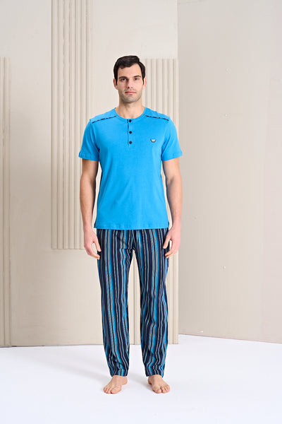 Erkek - Mavi Lacivert Çizgili Kısa Kollu Süprem Kumaş Alt Üst Pijama Takımı