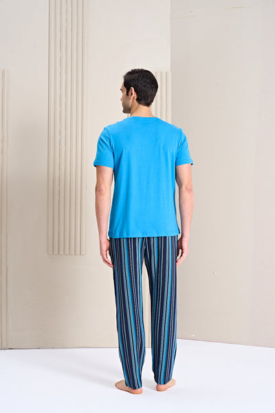Erkek - Mavi Lacivert Çizgili Kısa Kollu Süprem Kumaş Alt Üst Pijama Takımı