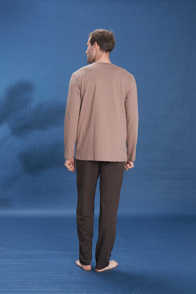 Erkek - Bej Düğmeli Uzun Kollu Süprem Kumaş Alt Üst Pijama Takımı