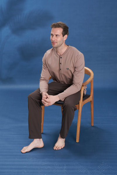 Erkek - Bej Düğmeli Uzun Kollu Süprem Kumaş Alt Üst Pijama Takımı