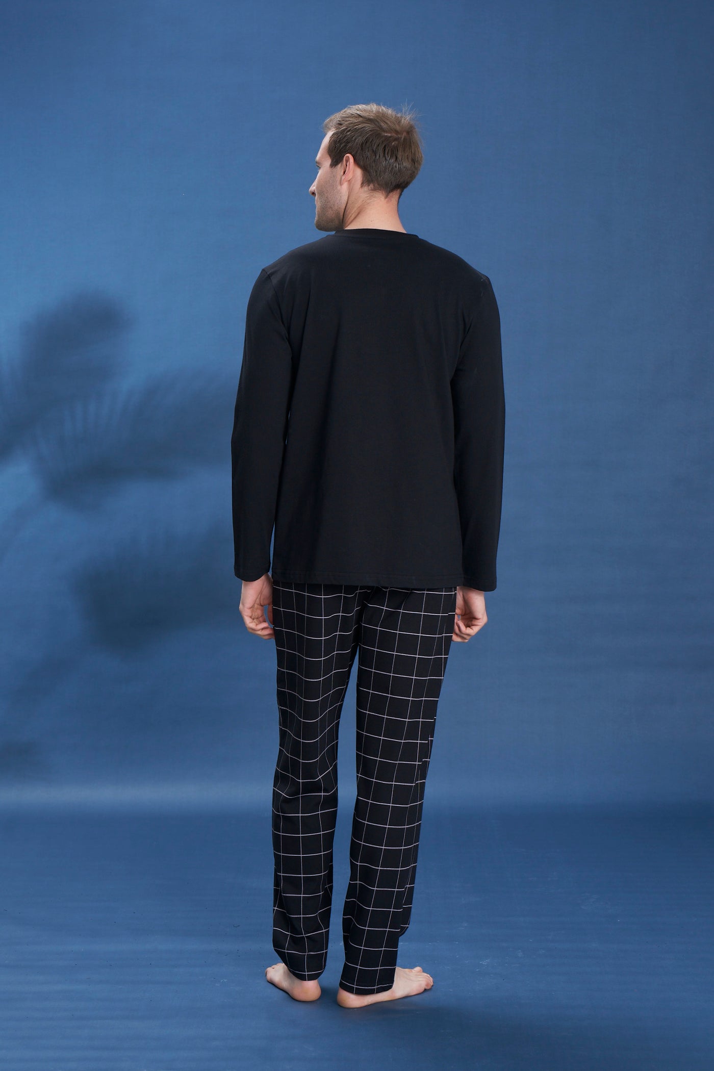 Erkek - Siyah Düğmeli Düz Uzun Kollu Süprem Kumaş Alt Üst Pijama Takım