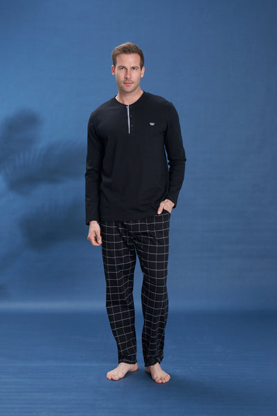Erkek - Siyah Düğmeli Düz Uzun Kollu Süprem Kumaş Alt Üst Pijama Takım