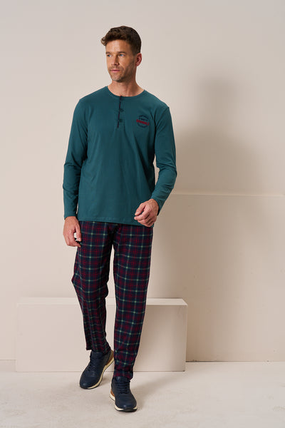 Erkek - Petrol Mavisi Uzun Kollu Eşli Alt Üst Pijama Takımı