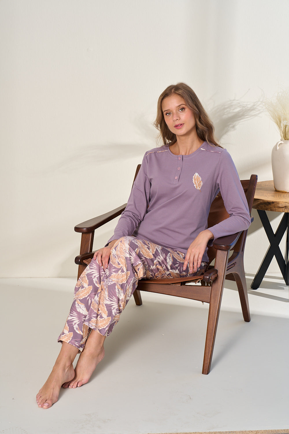 Kadın - Açık Mor Uzun Kollu Düğmeli Alt Üst Pijama Takımı