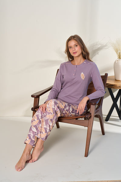 Kadın - Açık Mor Uzun Kollu Düğmeli Alt Üst Pijama Takımı