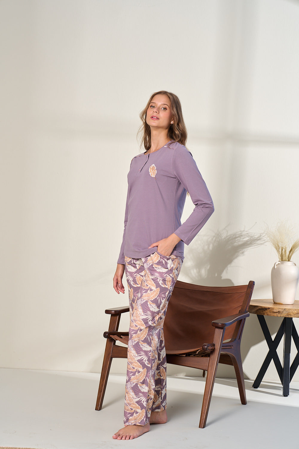 Kadın - Açık Mor Uzun Kollu Düğmeli Alt Üst Pijama Takımı