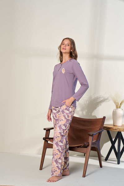 Kadın - Açık Mor Uzun Kollu Düğmeli Alt Üst Pijama Takımı