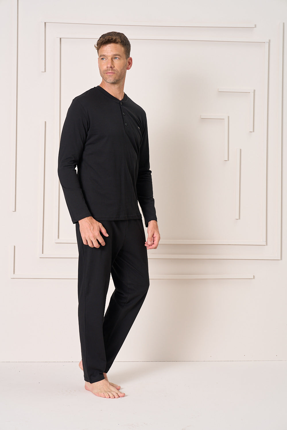 Erkek - Siyah Düğmeli Uzun Kollu Alt Üst Pijama Takımı