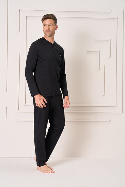 Erkek - Siyah Düğmeli Uzun Kollu Alt Üst Pijama Takımı