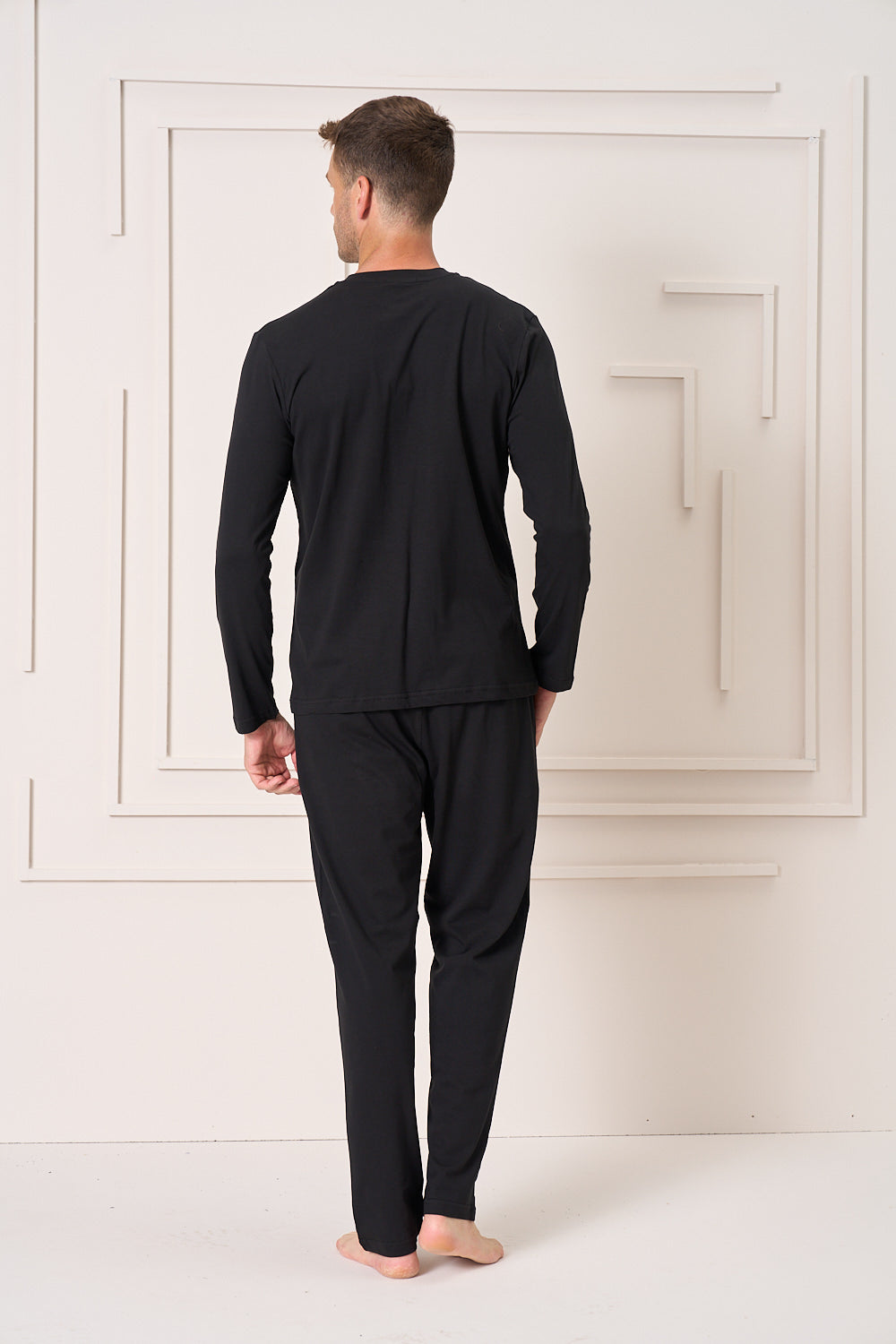 Erkek - Siyah Düğmeli Uzun Kollu Alt Üst Pijama Takımı
