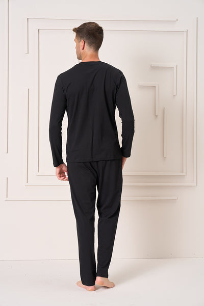 Erkek - Siyah Düğmeli Uzun Kollu Alt Üst Pijama Takımı