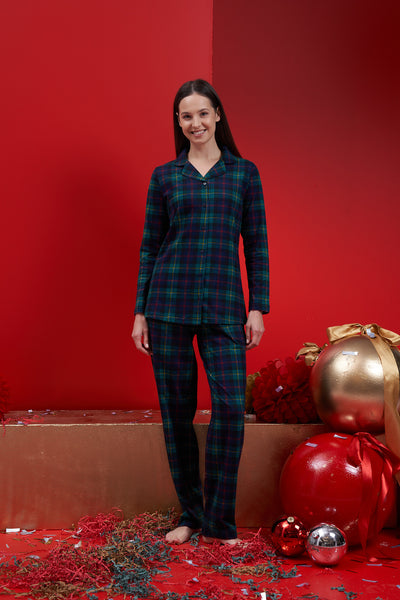 Kadın - Kare Desenli Lacivert Yeşil Sevgili Yılbaşı Pijama Takımı
