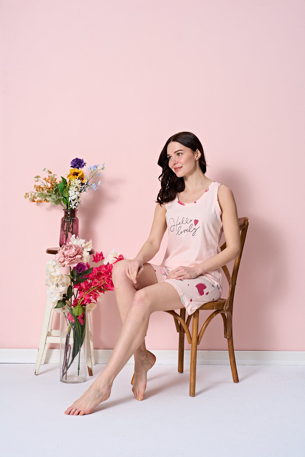 Kadın - Açık Pembe Kalp Desenli Kolsuz Alt Üst Şortlu Pijama Takımı