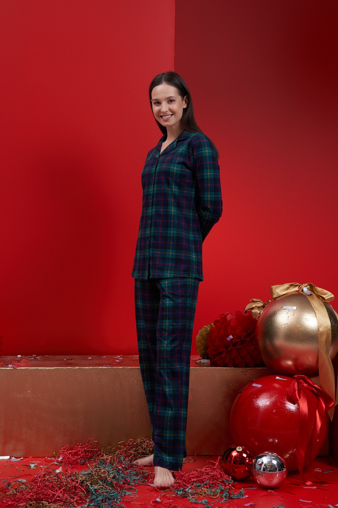 Kadın - Kare Desenli Lacivert Yeşil Sevgili Yılbaşı Pijama Takımı
