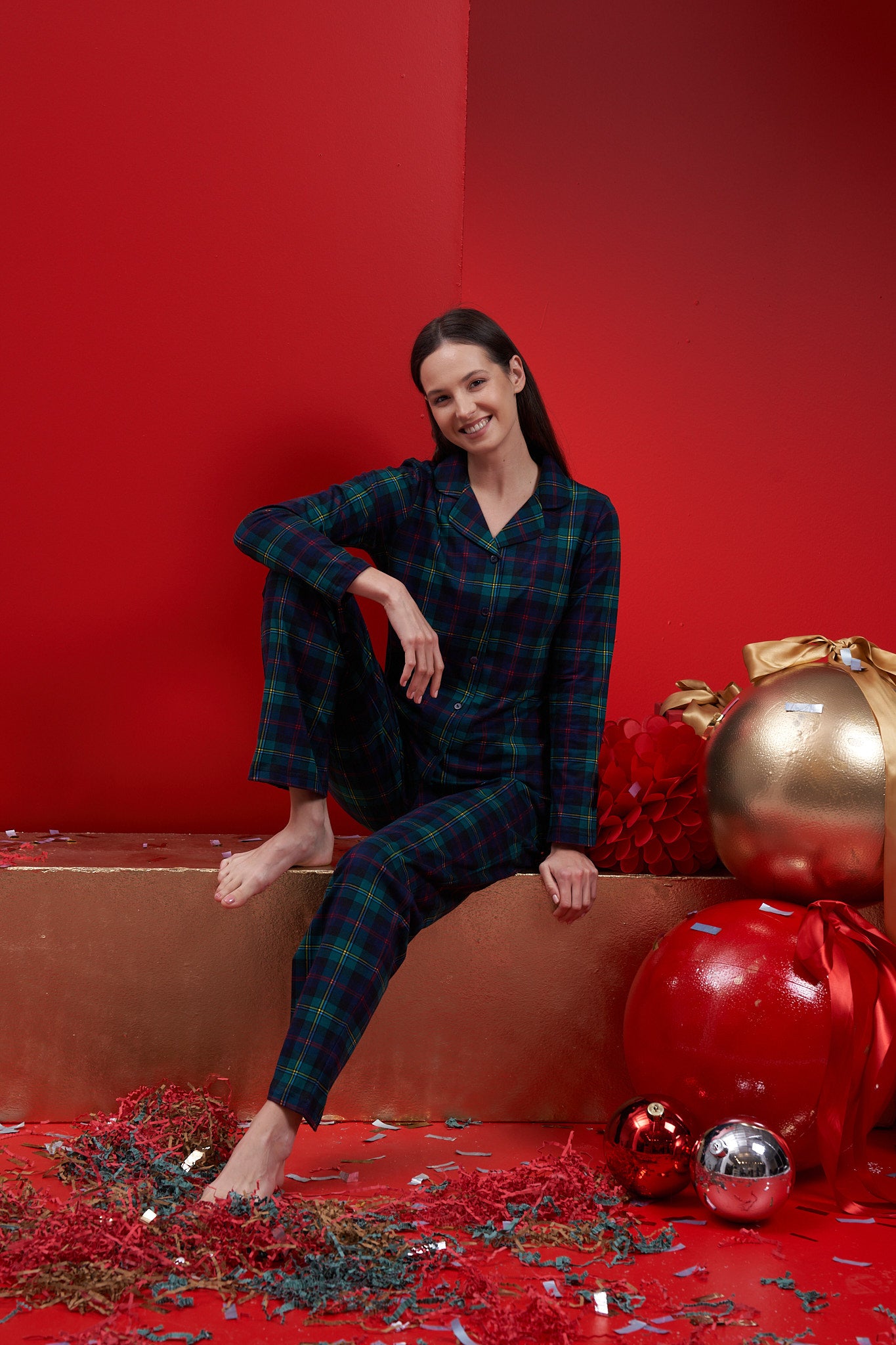 Kadın - Kare Desenli Lacivert Yeşil Sevgili Yılbaşı Pijama Takımı