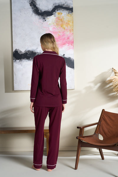 Kadın - Bordo Düğmeli Düz Uzun Kollu Süprem Kumaş Alt Üst Pijama Takımı