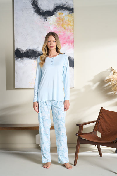 Kadın - Bebek Mavisi Uzun Kollu Düğmeli Alt Üst Pijama Takımı